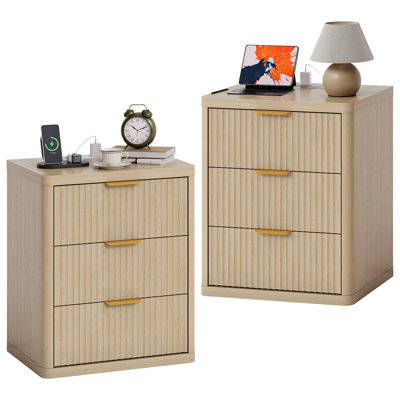 Fluted Nightstand with Charging Station, Bedside Table with Drawers Storage Space, Metal Handles and Rounded Corners for Safety, Mid Century Modern En by George Oliver