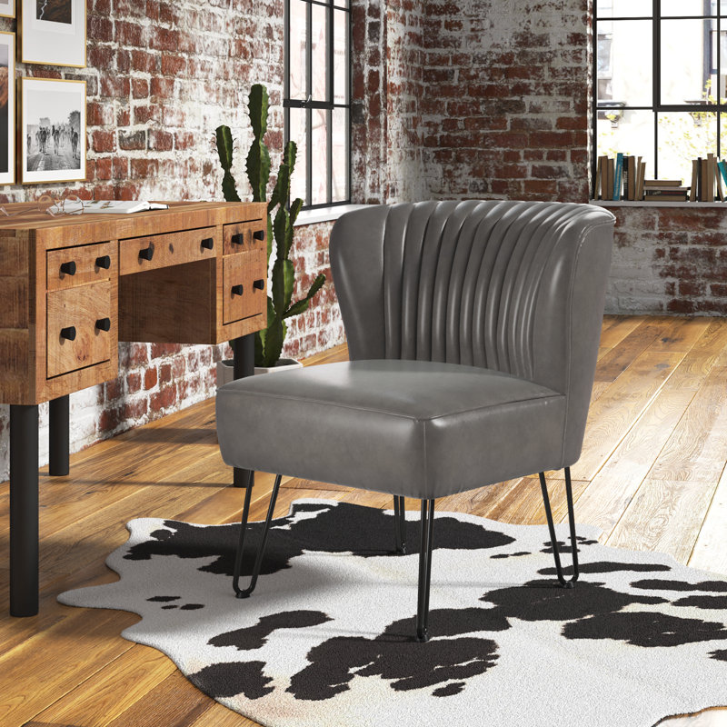 Euclid Faux Leather Chair With Metal Base, Grey Pebbled Faux Leather