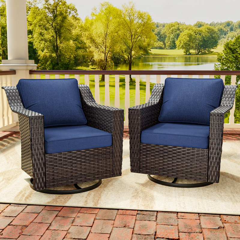 2-Piece PE Wicker Outdoor Lounge Swivel Chair with 4" Thick Blue Cushions, Blue