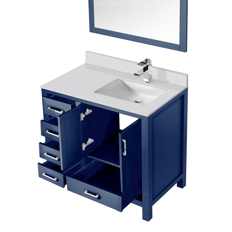 Meuble-lavabo de salle de bain 36 po X P 22 po D, dessus en quartz décalé à droite, ensemble de robinet et Miroirs, Marine