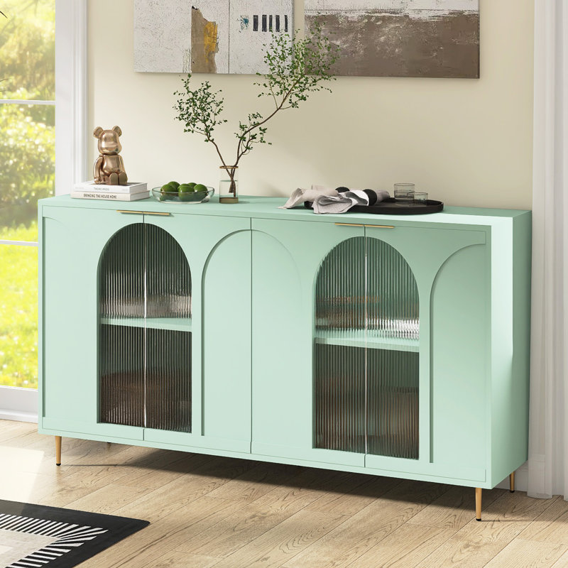 60" W 4-Doors Sideboard With Adjustable Shelves, Mint Green