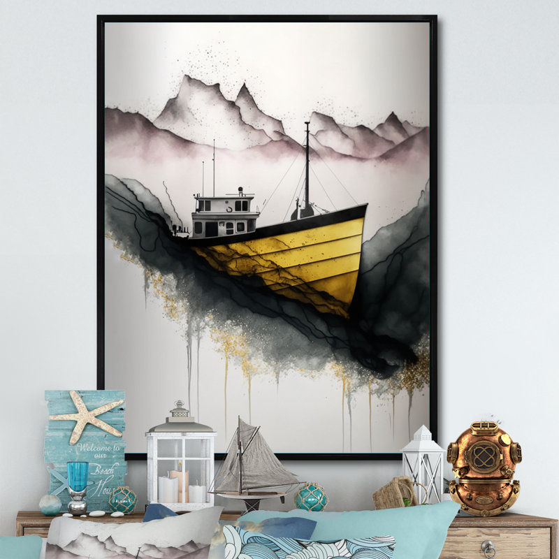 Bateau de pêche noir et jaune, H 32 po x l 24 po x P 1 po, Toile avec cadre flottant noir