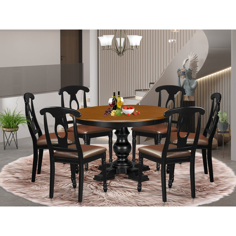 Ensemble de cuisine 7 pièces en bois massif composé d'une table de salle à manger ovale avec rallonge et base piédestal, 6 chaises de cuisine à dossier Napoléon, assemblage simple, finition noire