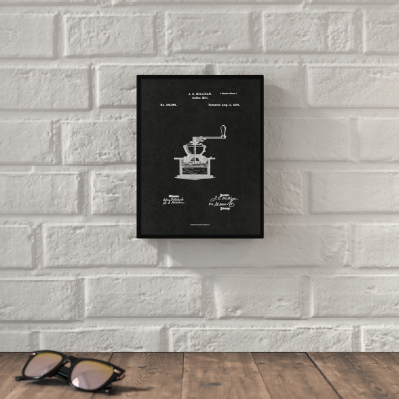«1870 Coffee Mill Grinder Vintage Brevet Artwork», reproduction d'art sur toile encadrée, H 17 po x l 13 po