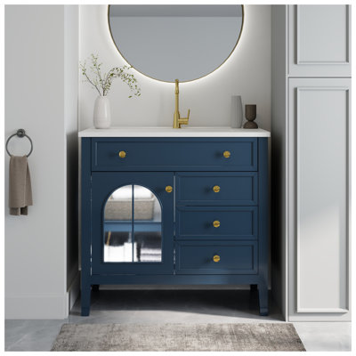 35.6" Mid-Century Modern Bathroom Vanity with Patterned Glass Door - Blue MDF Sink Console