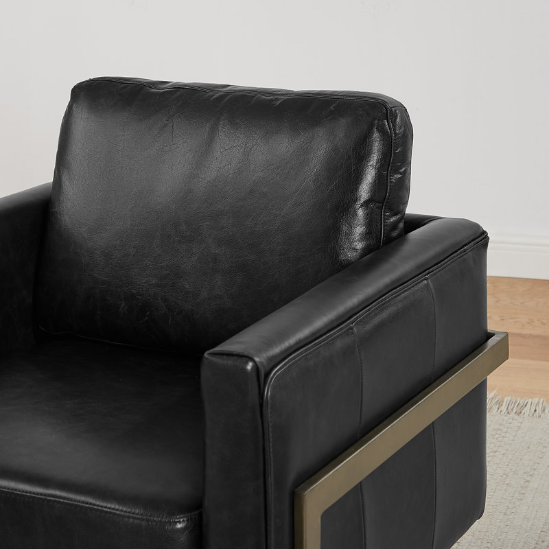 Genuine Leather Accent Arm Chair with Metal Leg(set of 2), Black