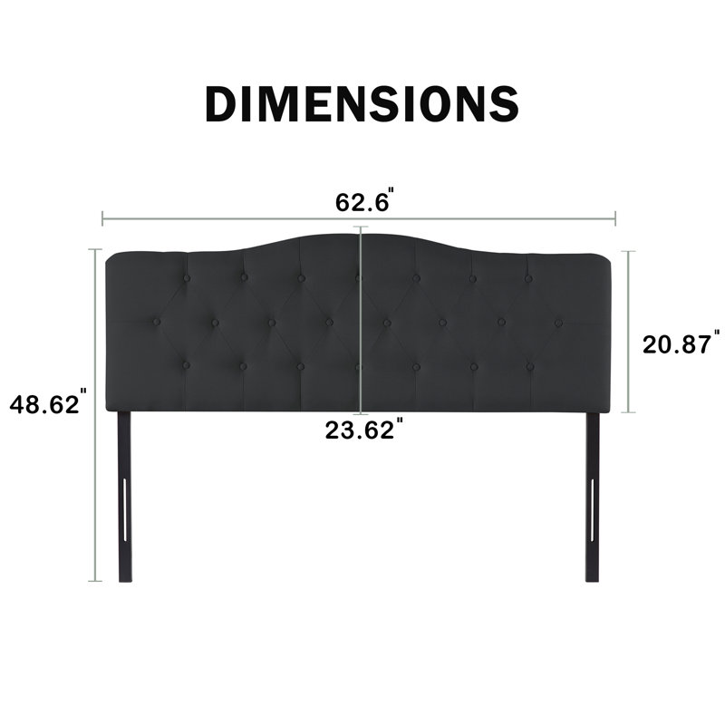 Button Tufted Upholstered Adjustable Full Size Headboard in Linen Fabric, Metal Legs, Black