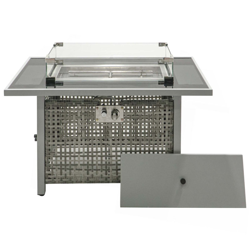 43" Propane Gas Fire Pit Table,60000 BTU Rectangular Open Weave Wicker Fire Pit with Glass Wind Guard for Outside Patio Deck Garden Backyard