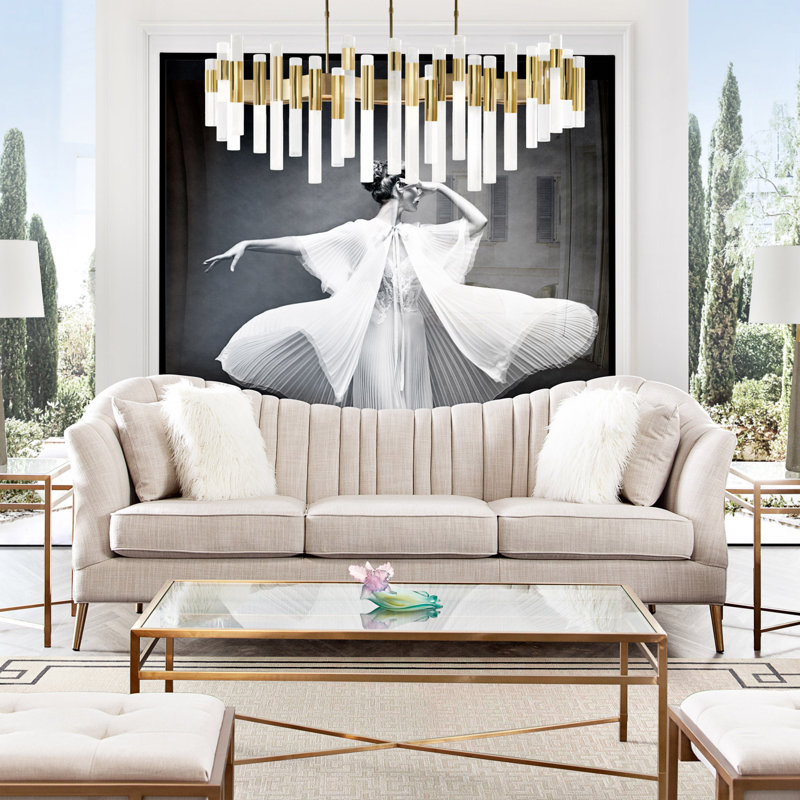 Sand Linen Tufted Sofa with Gold Metal Legs and Round Arms