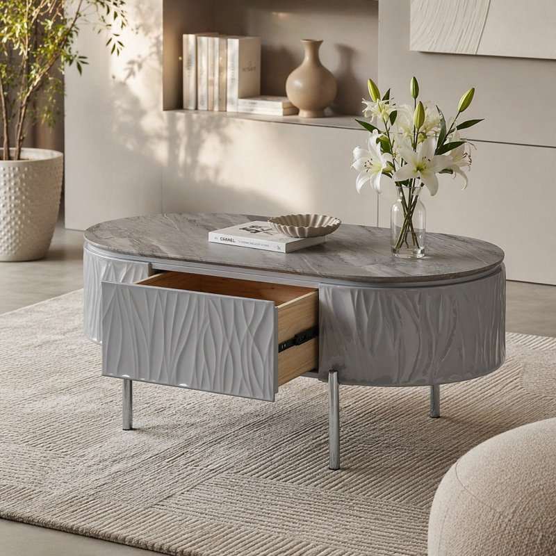 Table basse yukino gris ultrabrillant et finition chromée, Chrome / Chrome,Grey, Does Not Apply, 30" H x 16" W x 47" D