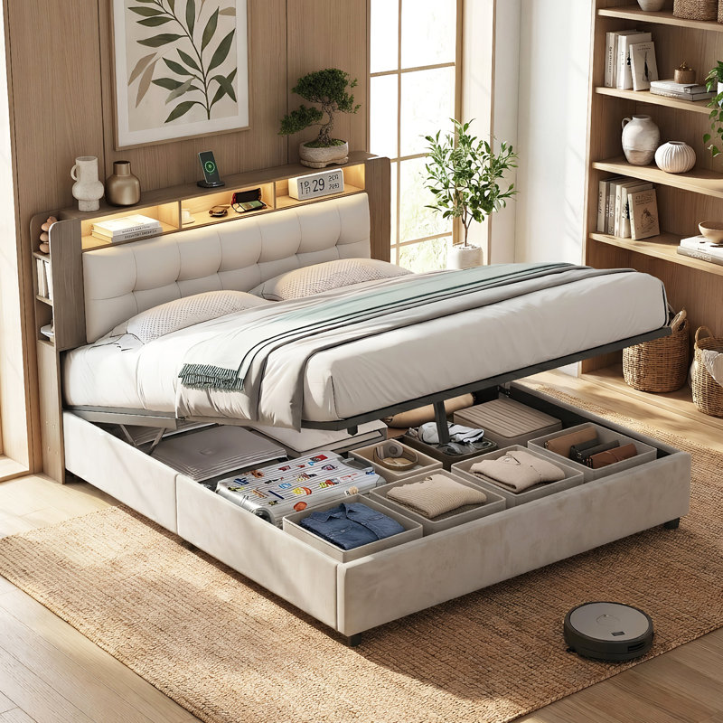 EU Double/King Ottoman Bed With Bookcase Headboard, Storage Frame With LED Lights & Wireless Charging, White & Oak Effect