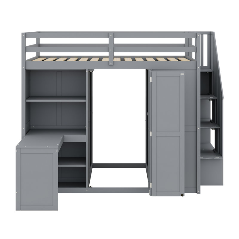 Lit mezzanine avec garde-robe, bureau et tablettes, Gris