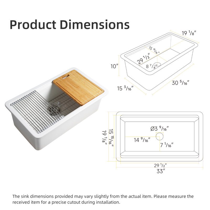 Los Flexi White Undermount Kitchen Sink, 33'' L x 19'' W x 10″ H, With Cutting Board & Drying Rack, Rectangular Single Bowl