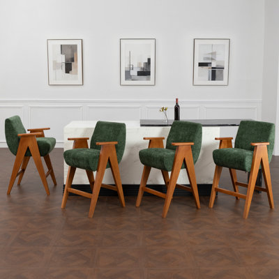 Mid-Century Upholstered Counter Bar Stool With Arms And Wooden Legs