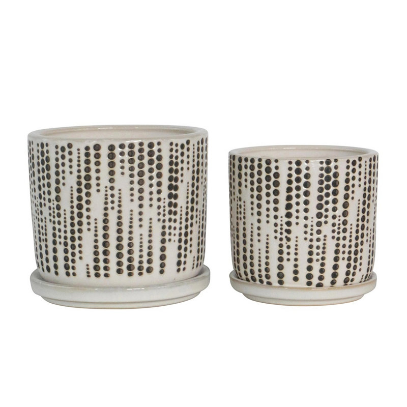 Ensemble de 2 pots à fleurs beige en céramique Homade avec soucoupes et pois, H 5,5 po x l 6,1 po x P 6,1 po