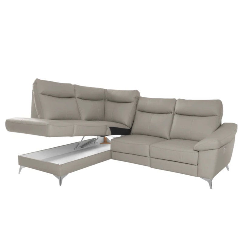 Cordelra Leather Corner Sofa with Power Reclining Seat and Underseat Storage , Left Hand Facing, Light Grey