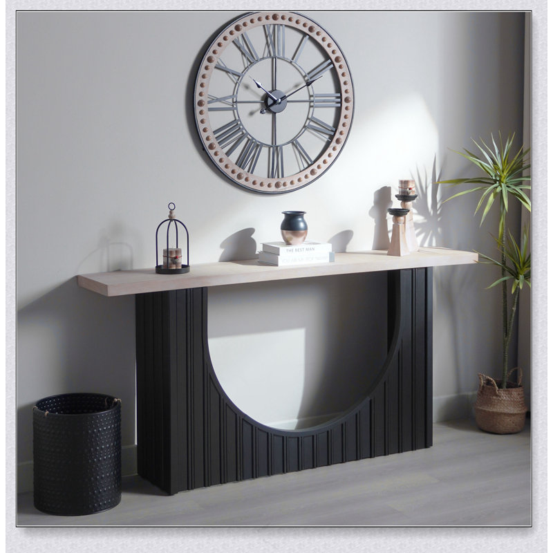Console moderne minimaliste avec base en arche noire et plateau en bois naturel, console en bois de 66 po