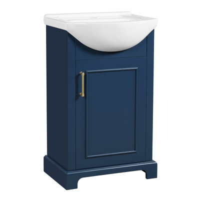 Meuble-lavabo simple sur pied de 50 cm (20 pouces) avec lavabo en céramique blanche bombée, porte d'armoire à fermeture douce, construction en bois massif et MDF, armoire bleu marine pour petites salles de bain
