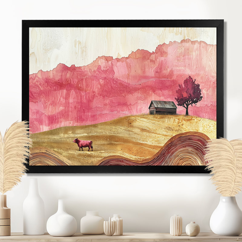 Grange aux roses avec champ de vaches - Paysage I - vache, œuvre d'art murale, H 12 po x l 20 po, Cadre simple