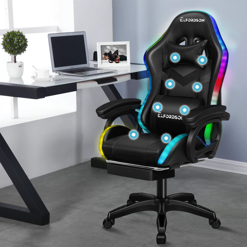 ELFORDSON Adjustable Reclining Faux Leather Swiveling PC & Racing Game Chair, Black