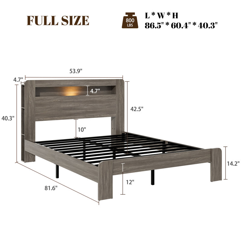 Wooden Bed Frame With Storage Headboard, Gray, Full