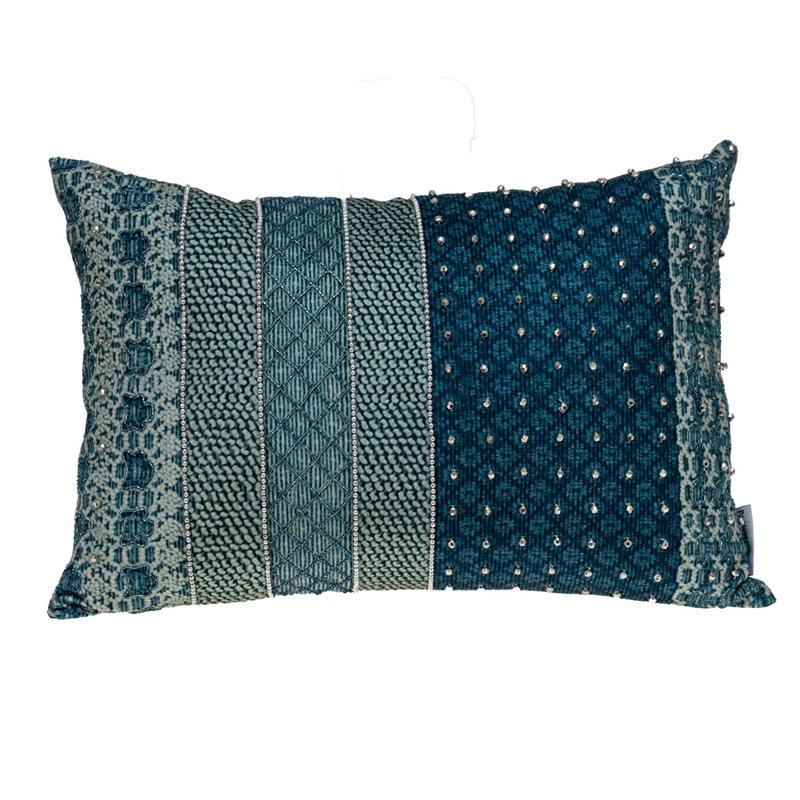 Coussin décoratif brodé bleu et turquoise