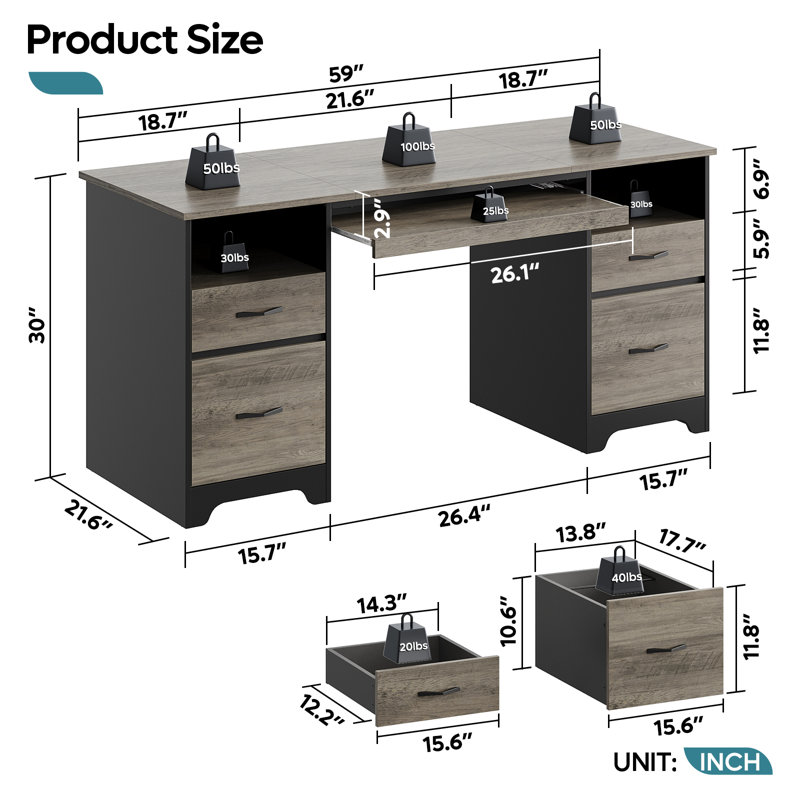 Luing 59'' Executive Desk with 2 File and Storage Drawers, Computer Writing Desk with Keyboard Tray and 2 Open Compartments for Home Office