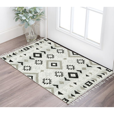 Tapis tribal en laine tissé à plat à la main 3 pi x 5 pi noir et gris avec franges