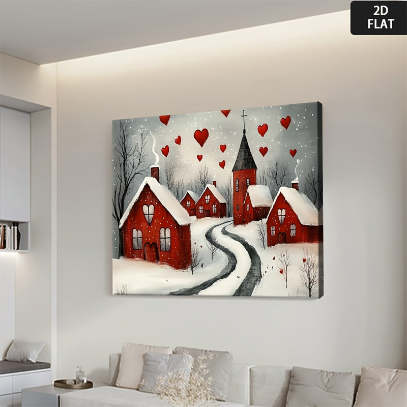 Impression sur toile Cozy Red Heart Winter Village - Urban Studio, 24*18 pouces (60*45*2 cm)