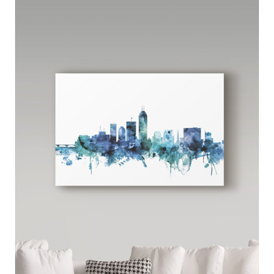 'Indianapolis Indiana Blue Teal Skyline' Graphic Art Print on Wrapped Canvas