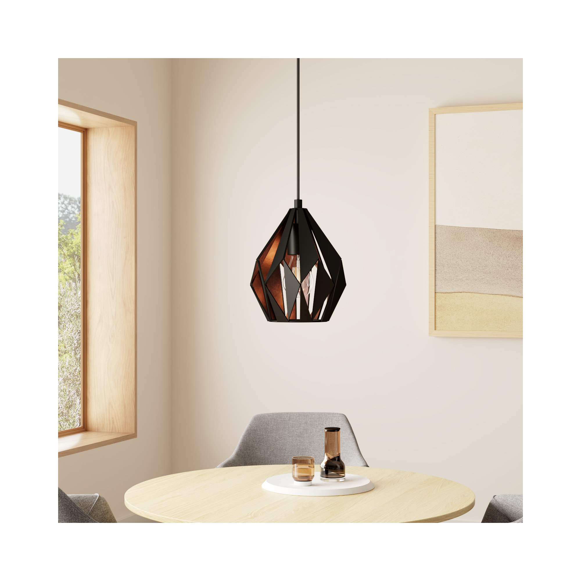 Hendry Single Light Metal Pendant, Black/Copper, 72" H x 15.12" W x 15.12" D