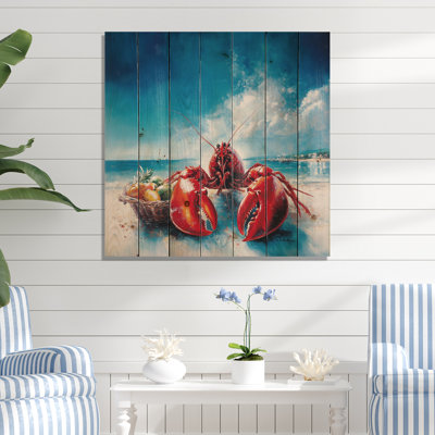 Beach With A Lobster Chief - Modern Wooden Wall Art On Natural Pine Wood
