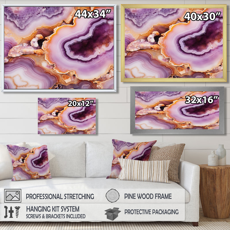 Décoration murale opulente en agate dorée «Purple Dreams Glam I», Cadre flottant noir, H 12 po x l 20 po