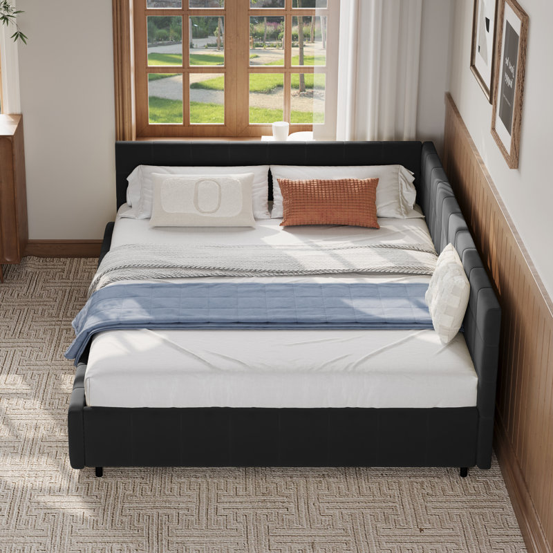 Reversible L-Shape Upholstered Platform Bed With Velvet Fabric Design, Black, Queen