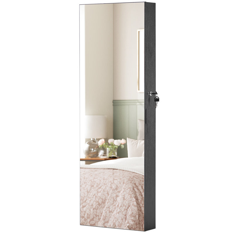Black Wall-Mounted Jewelry Armoire with LED Mirror