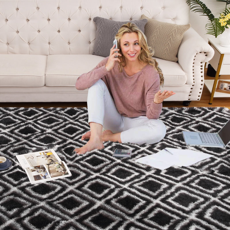 Tapis géométrique en polyester tissé à la machine noir / blanc Xanthos, Tapis de couloir 2 pi x 6 pi