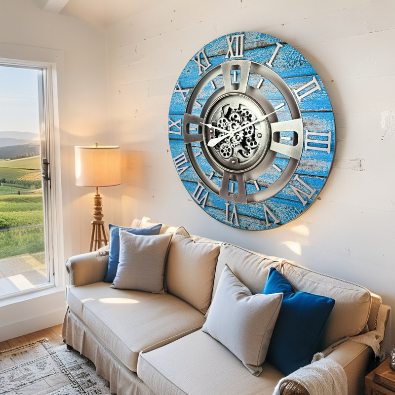 Horloge murale 24 po de taille moyenne pour le salon, Bleu océan