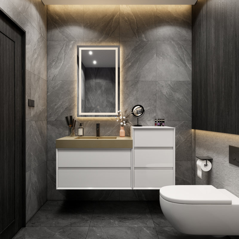 Ensemble de meuble-lavabo mural blanc brillant 62 po avec lavabo simple en acier doré Lux