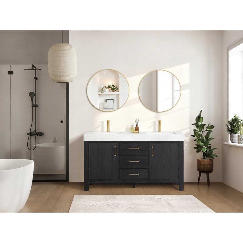Ensemble de meuble-lavabo double 60 po Yazan, Blanc, Or, Noir