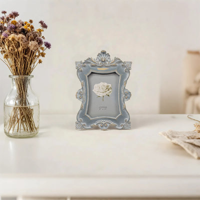 Vintage Carved Resin Picture Frame, Light Blue Distressed Ornate Photo Frame for Tabletop & Wall Display