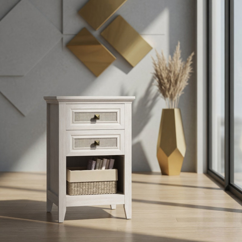 Table de chevet en rotin avec 2 tiroirs et tablette, table de chevet Boho durable pour intérieurs modernes