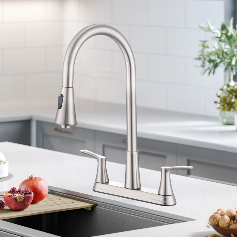 2 Handle Kitchen Faucet For 3-Hole Sink, 360° Rotating Nozzle, Brushed Nickel
