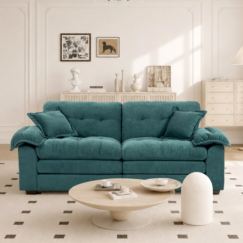 Geneveve 84" Chenille Upholstered Pillow-Top Arm Loveseat Sofa with Memory Foam Cushions and Pocketed Coil Springs, Green