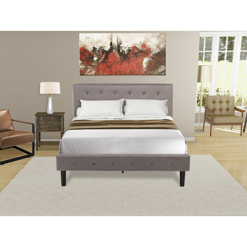 Ensemble de chambre à coucher 2 pièces - Lit plateforme capitonné à boutons pleine grandeur - Tête de lit tapissier en velours taupe brun et table de chevet à finition jacobine patinée