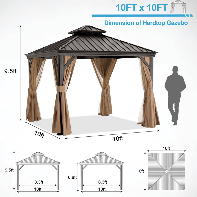 Aluminum Patio Gazebo Permanent Hardtop Gazebos, Khaki, 10 ft. x 10 ft.