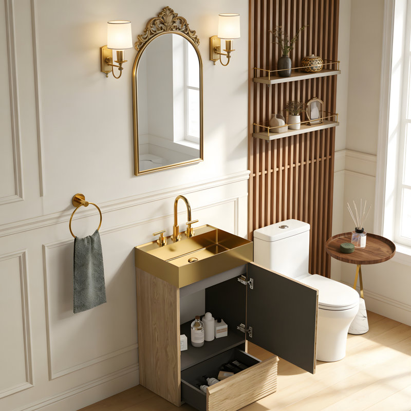 Meuble-lavabo autoportant en métal doré, Doré, Chêne clair