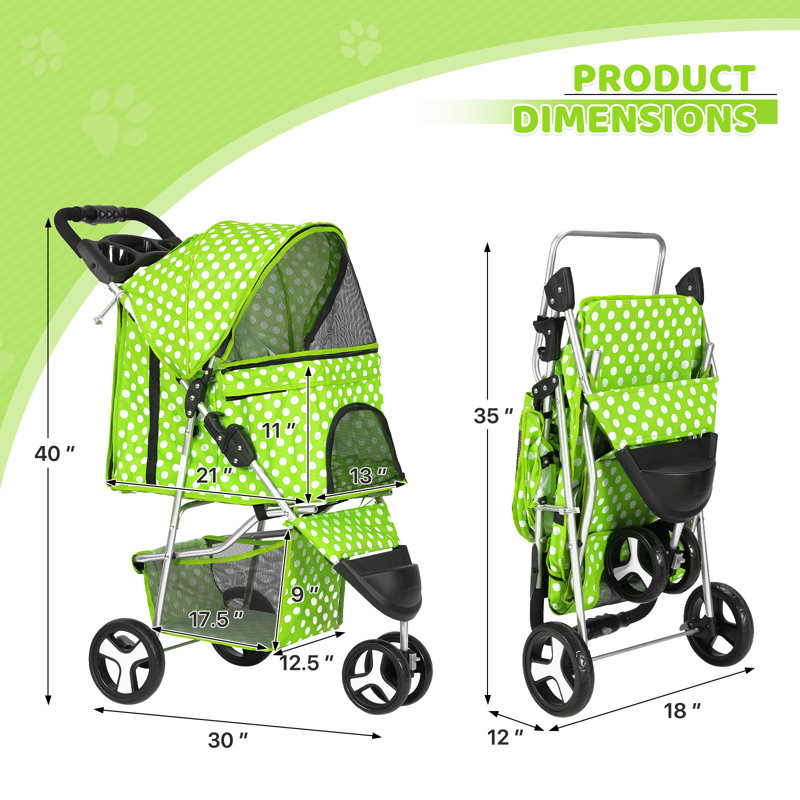Lawn Green Polka Dot Foldable Pet Stroller with Storage