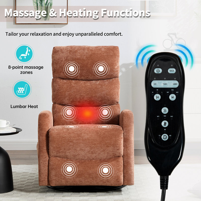 Fauteuil de massage chauffant manuel inclinable avec bascule et pivotant, recouvert de tissu orange, pour le salon