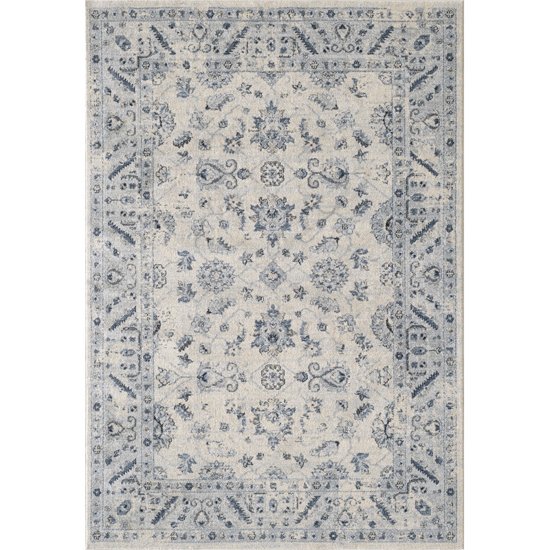 Tapis oriental bleu / ivoire Bourque, Rectangle 7 pi 9 po x 10 pi 2 po