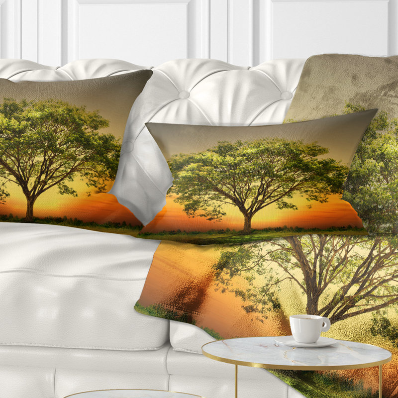 Green Tree against Setting Sun - Forest Printed Throw Pillow